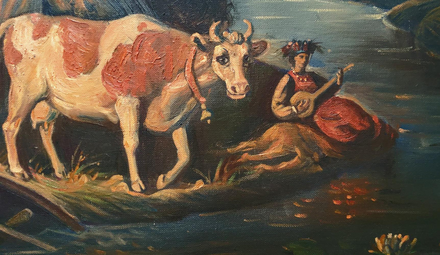 Oil painting of cow with white and reddish-brown patches in fairytale forest night by Daniil Litvinov