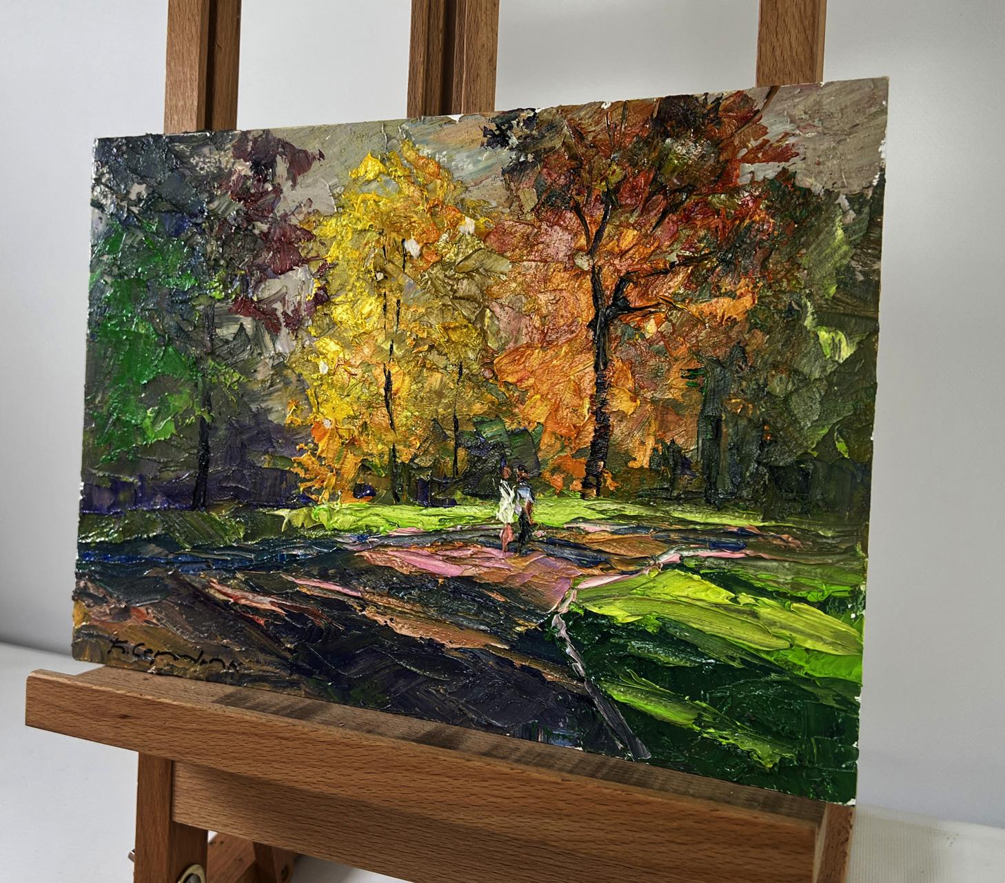 Vibrant impressionist autumn landscape oil painting by Boris Serdyuk on easel