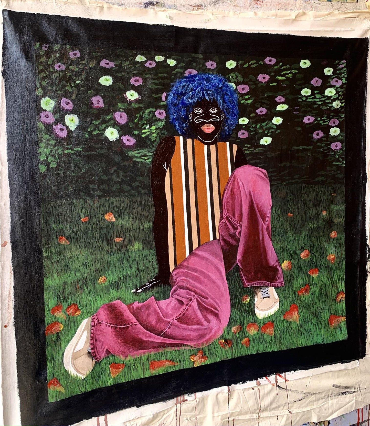 Acrylic painting of blue afro figure among petals by Akintomide Akinshola