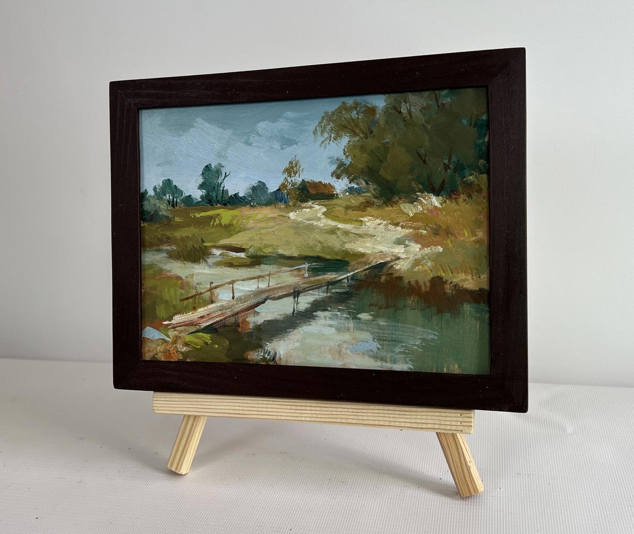 Oil painting The road to the village Yuriy Suprunchuk rustic bridge over stream