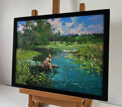 Framed oil painting of girl washing at pond by Yuriy Suprunchuk