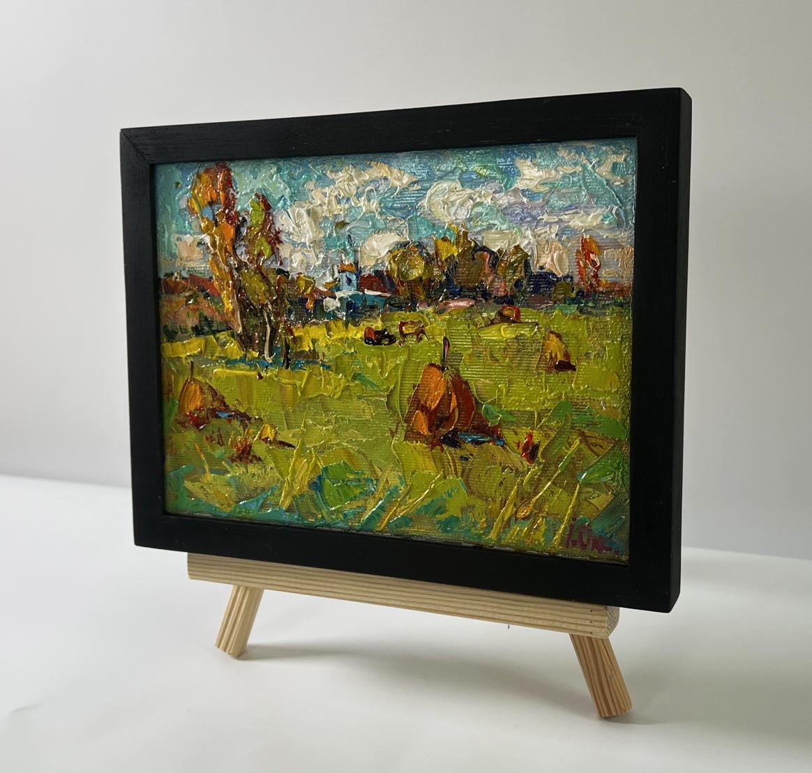 Oil painting Sunny day in the field by Oksana Ivanyuk, autumn scene in black frame