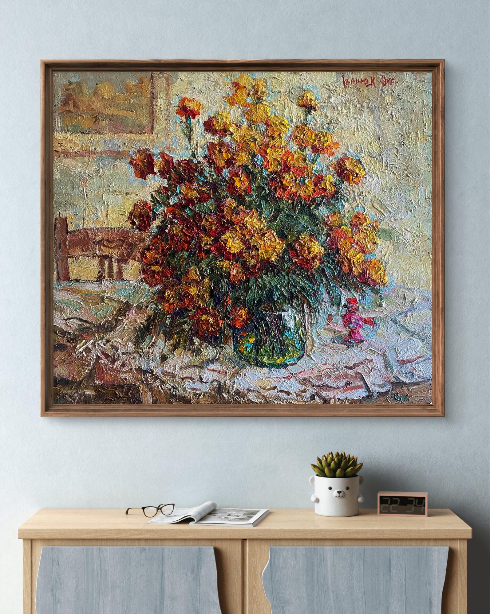 Oil painting Bright marigolds by Oksana Ivanyuk in wooden frame