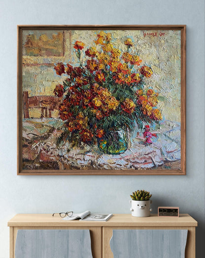 Oil painting Bright marigolds by Oksana Ivanyuk in wooden frame