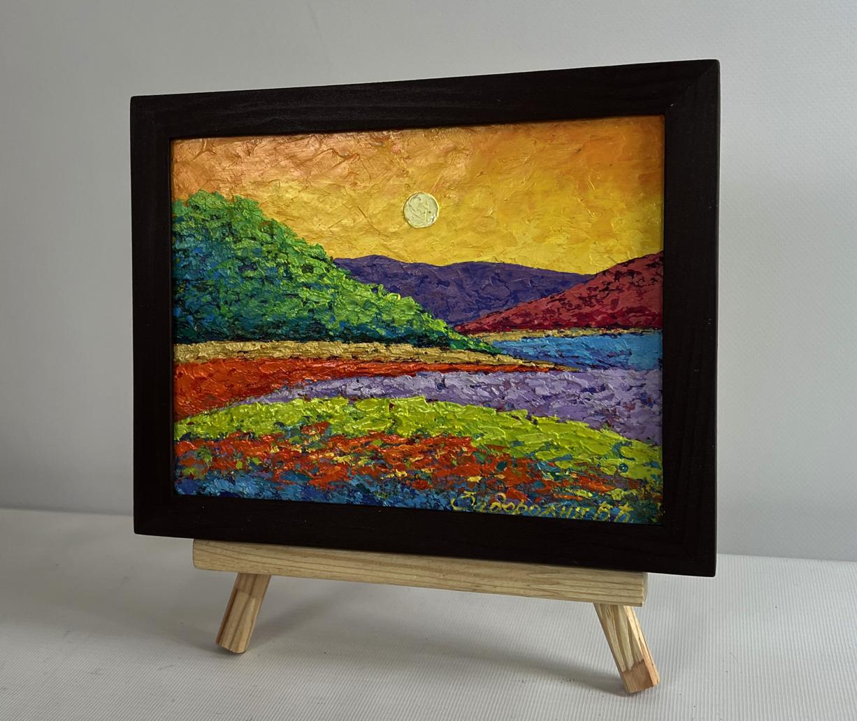 Oil painting Shades of yellow sunset V. Zadorozhnya in black frame