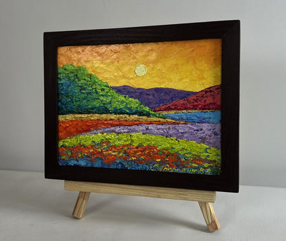 Oil painting Shades of yellow sunset V. Zadorozhnya in black frame