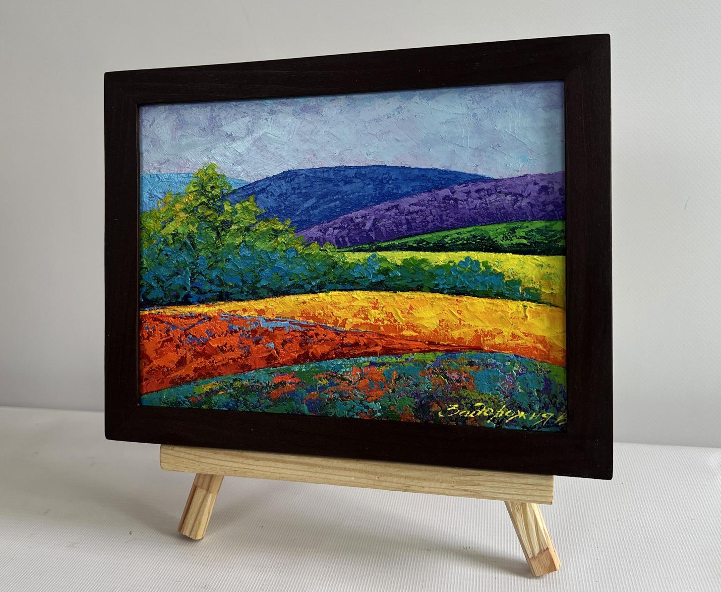 Oil painting of Mountain summer meadows by V. Zadorozhnya in black frame