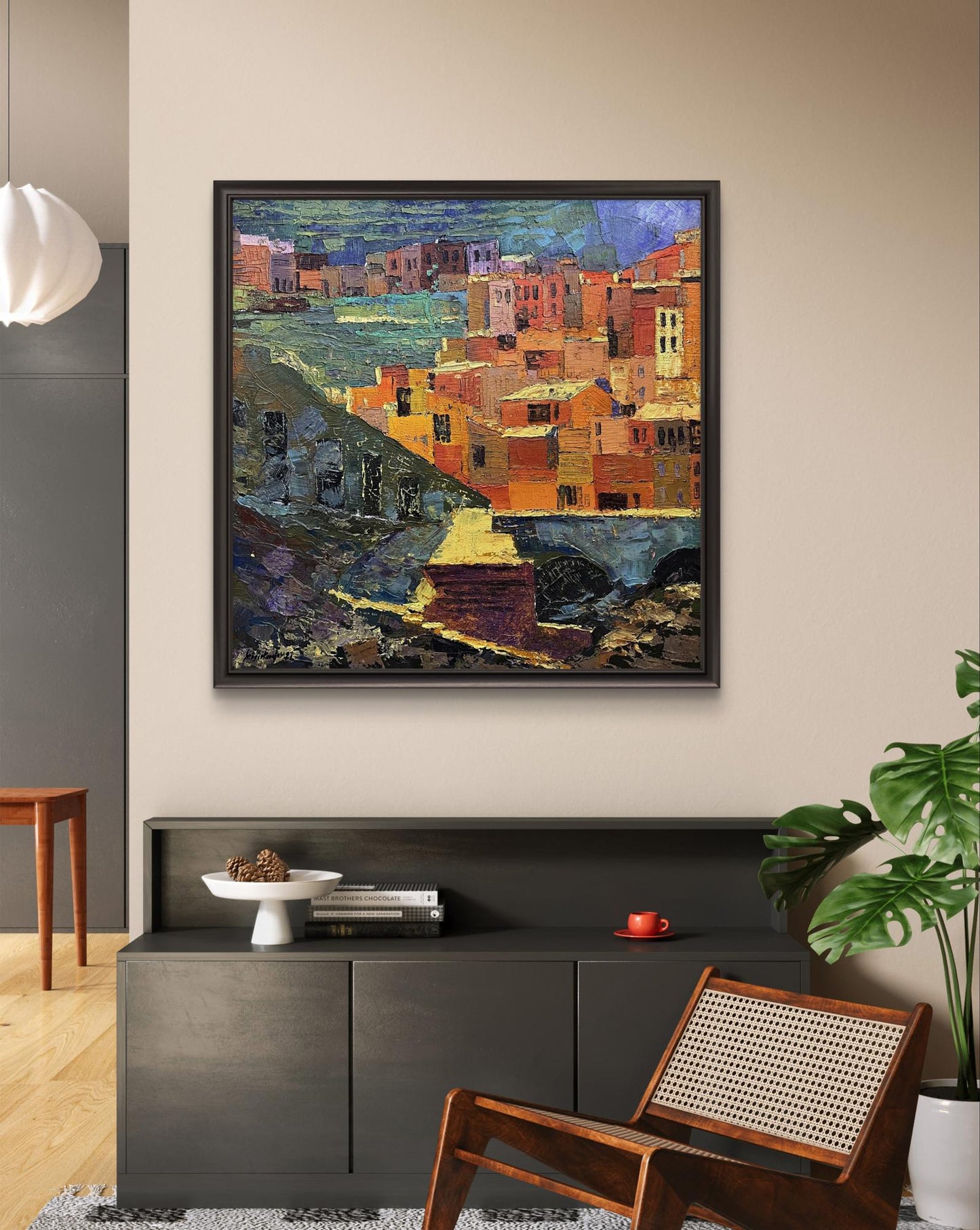 Oil painting Outspread by Serhiy Kovalev: impressionistic coastal town in frame