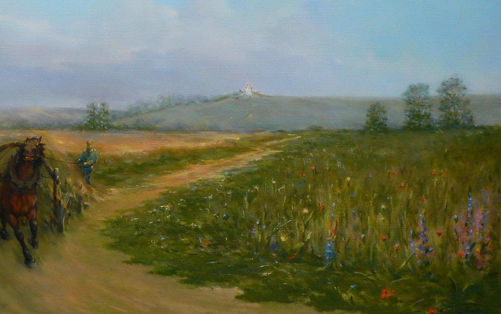 Rustic oil painting by Vasily Korkishko: wheat fields with winding path