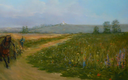 Rustic oil painting by Vasily Korkishko: wheat fields with winding path