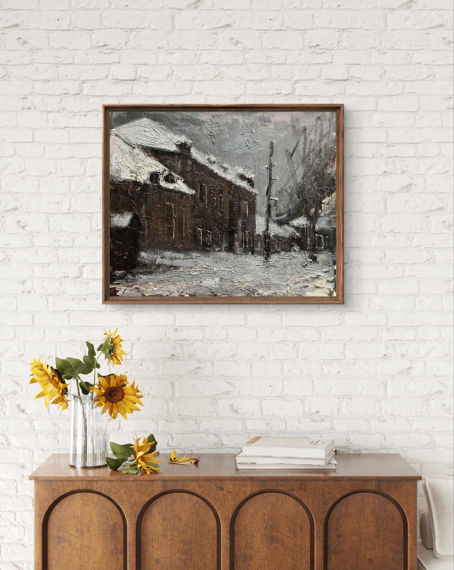 Framed snowy street oil painting Resurrection Ascension by Volodymyr Pashchenko