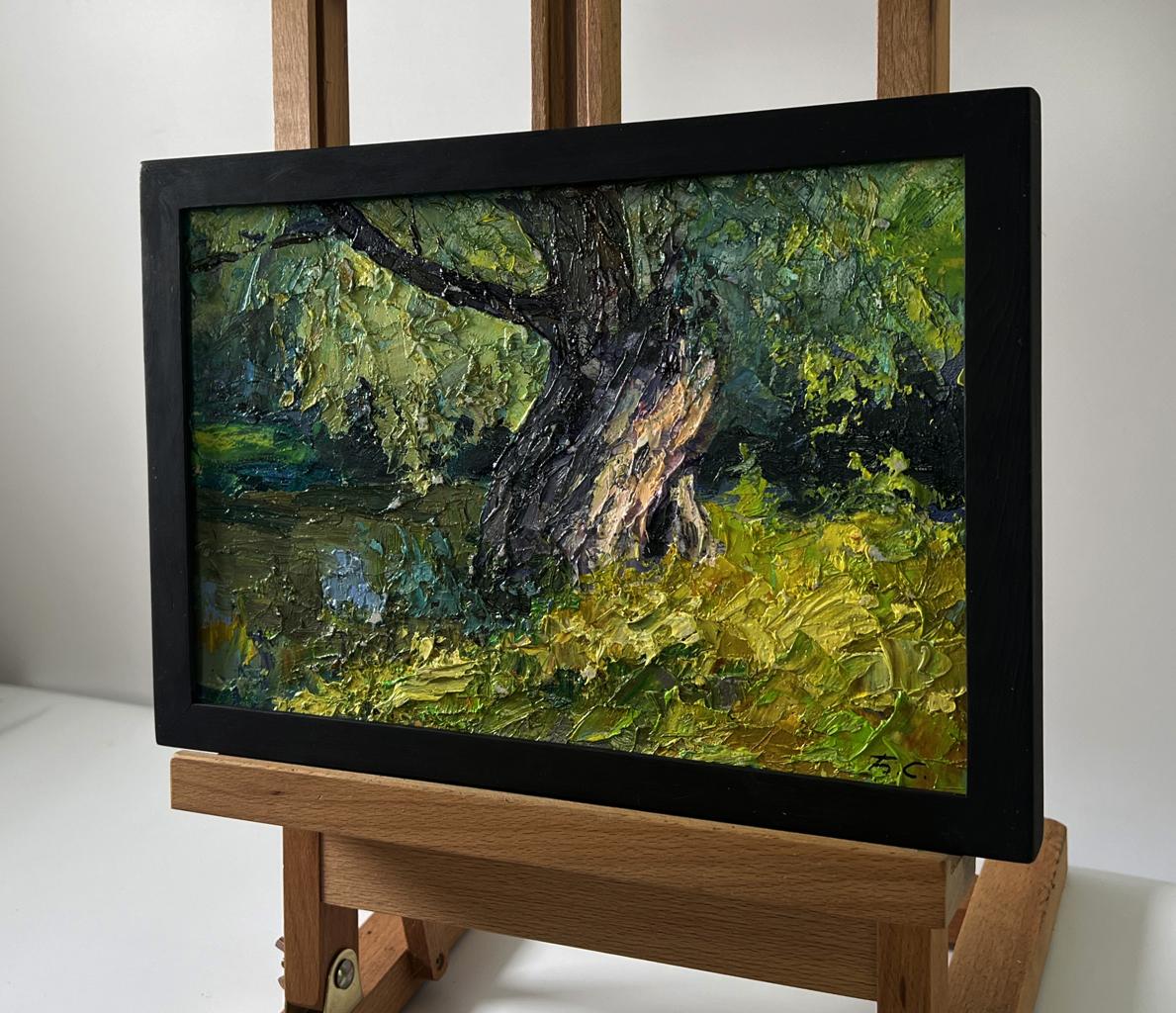 Oil painting of ancient olive tree near river by Boris Serdyuk in black frame
