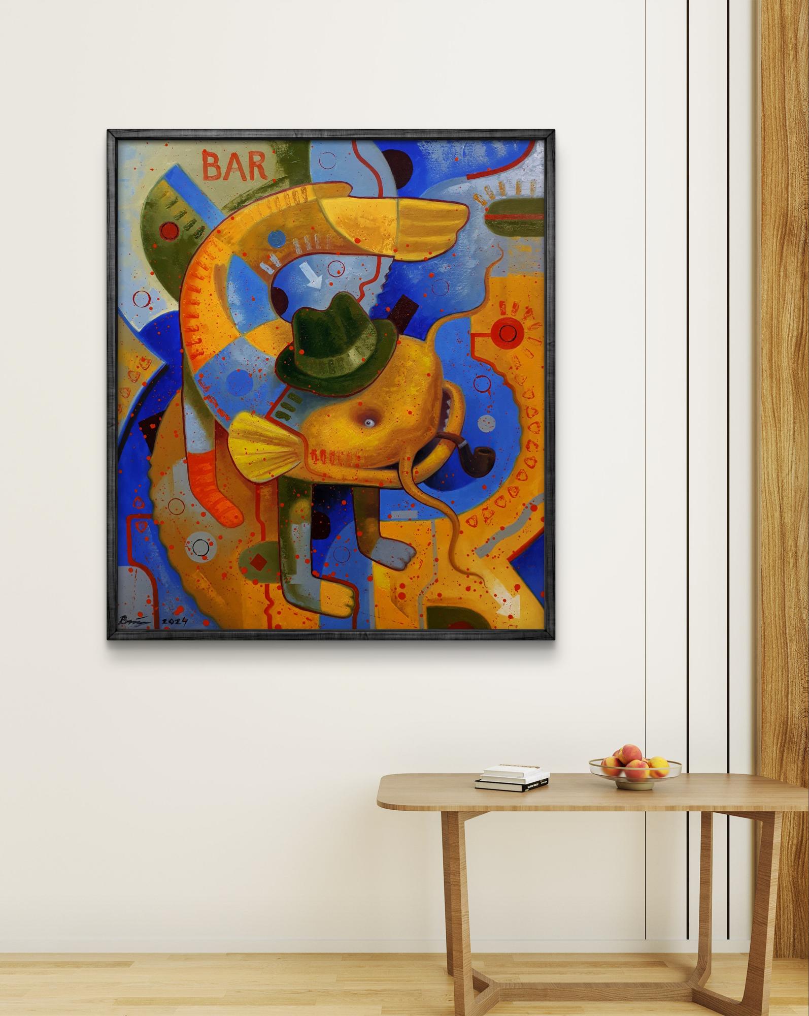 Vibrant oil painting Leaves the bar by Sergiy Voichenko: yellow fish in green hat