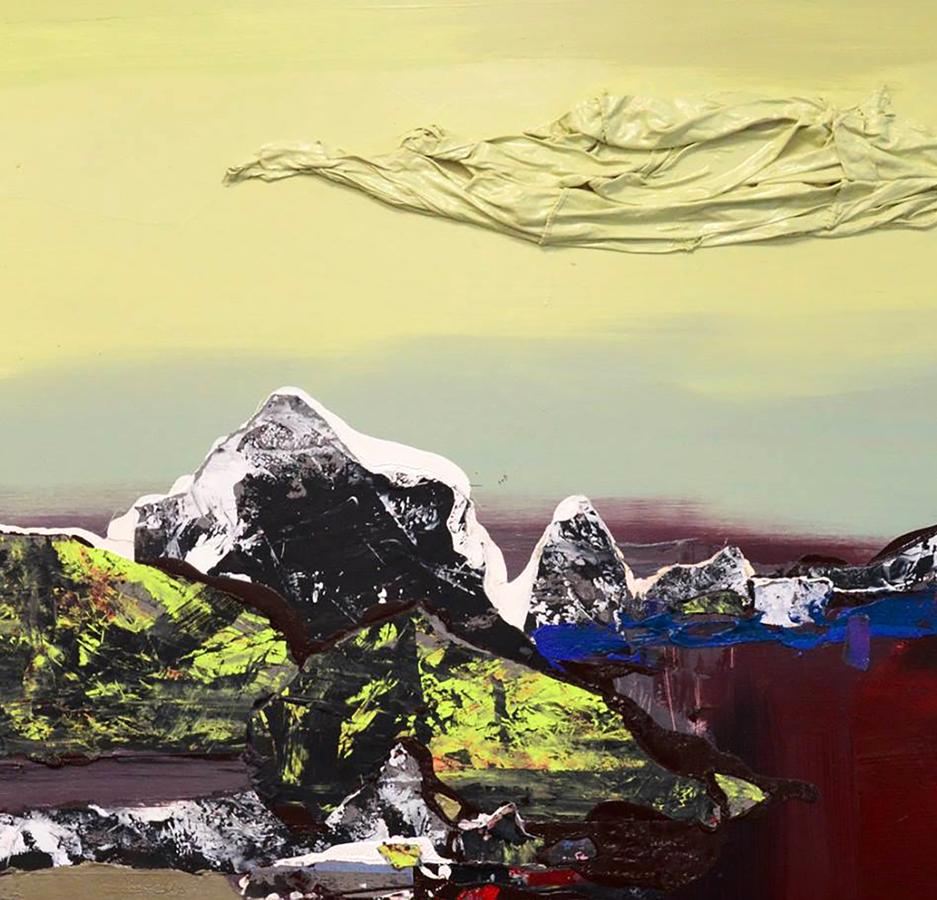 Oil painting Living Matter by Natalia Korf-Ivaniuk: black white mountains yellow sky