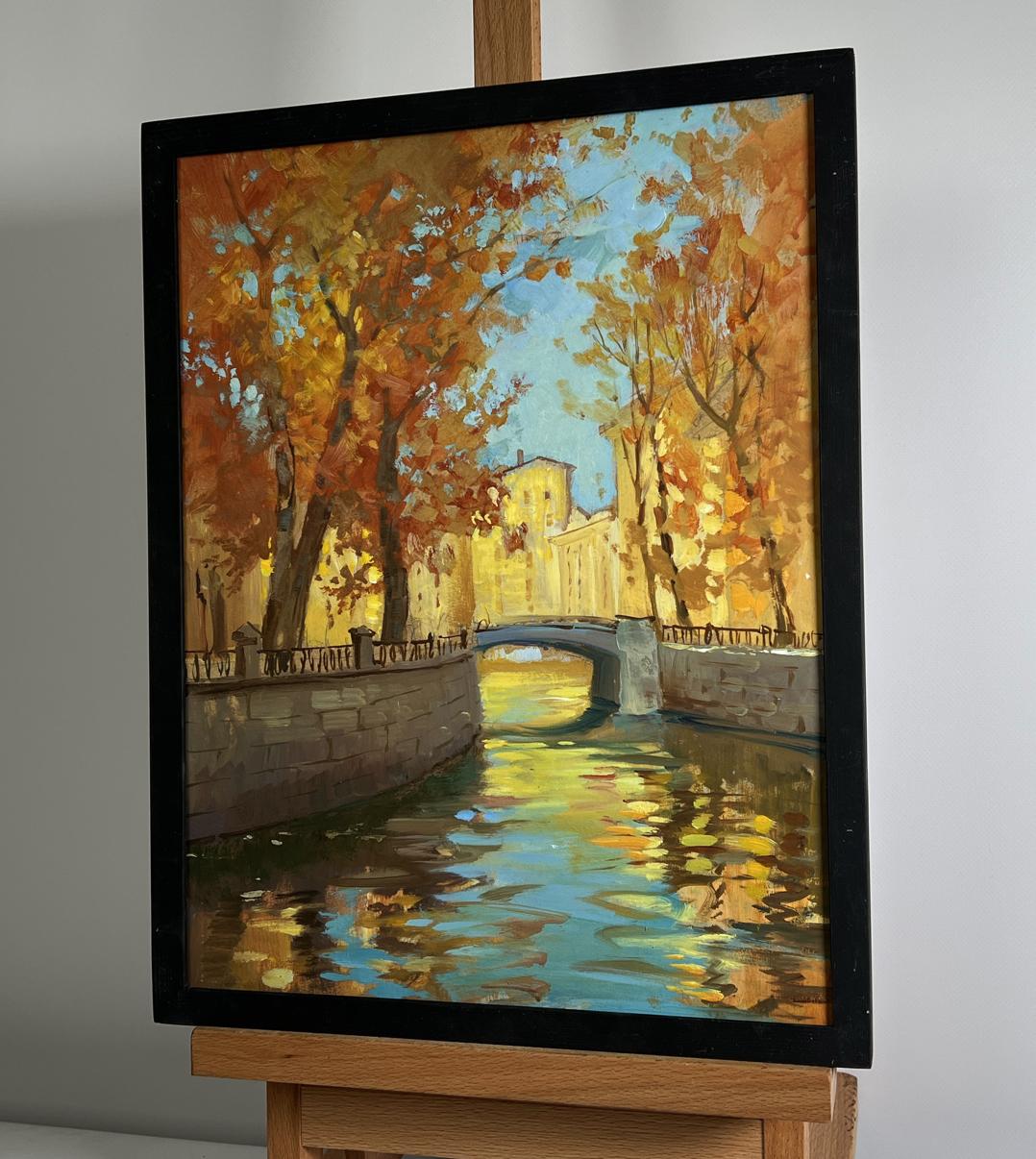 Oil painting Steps on the autumn bridge by Yuriy Suprunchuk with canal foliage