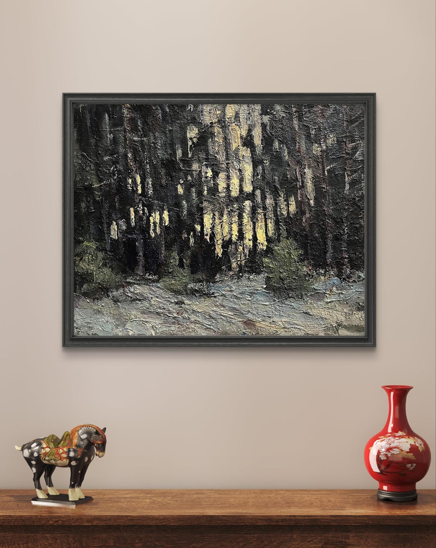 Oil painting Early snow by Volodymyr Pashchenko: abstract forest with yellow streaks