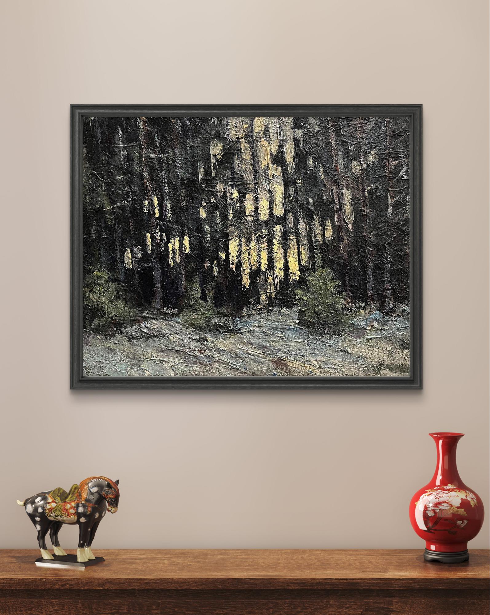 Oil painting Early snow by Volodymyr Pashchenko: abstract forest with yellow streaks