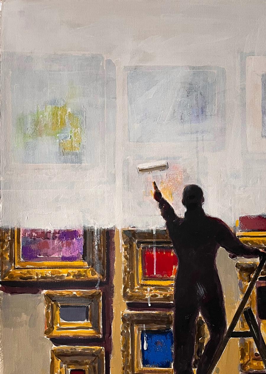 Silhouette painter rolling white paint over Juan Angel Gonzalez de la Calle museum artwork