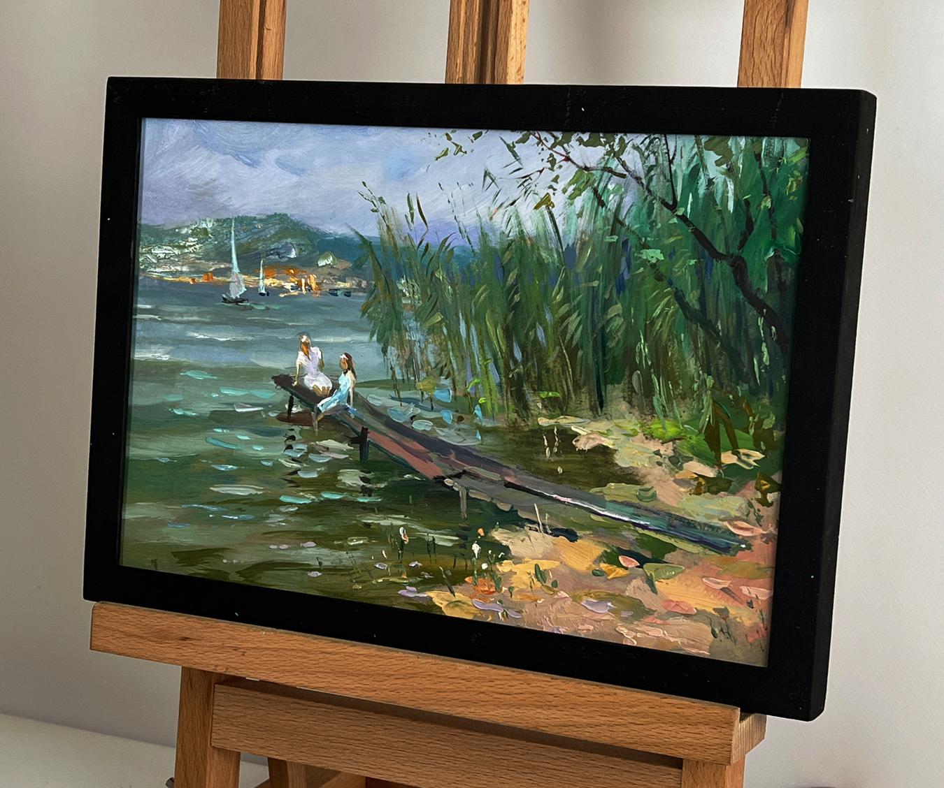 Oil painting Girls by the River by Yuriy Suprunchuk lakeside dock scene