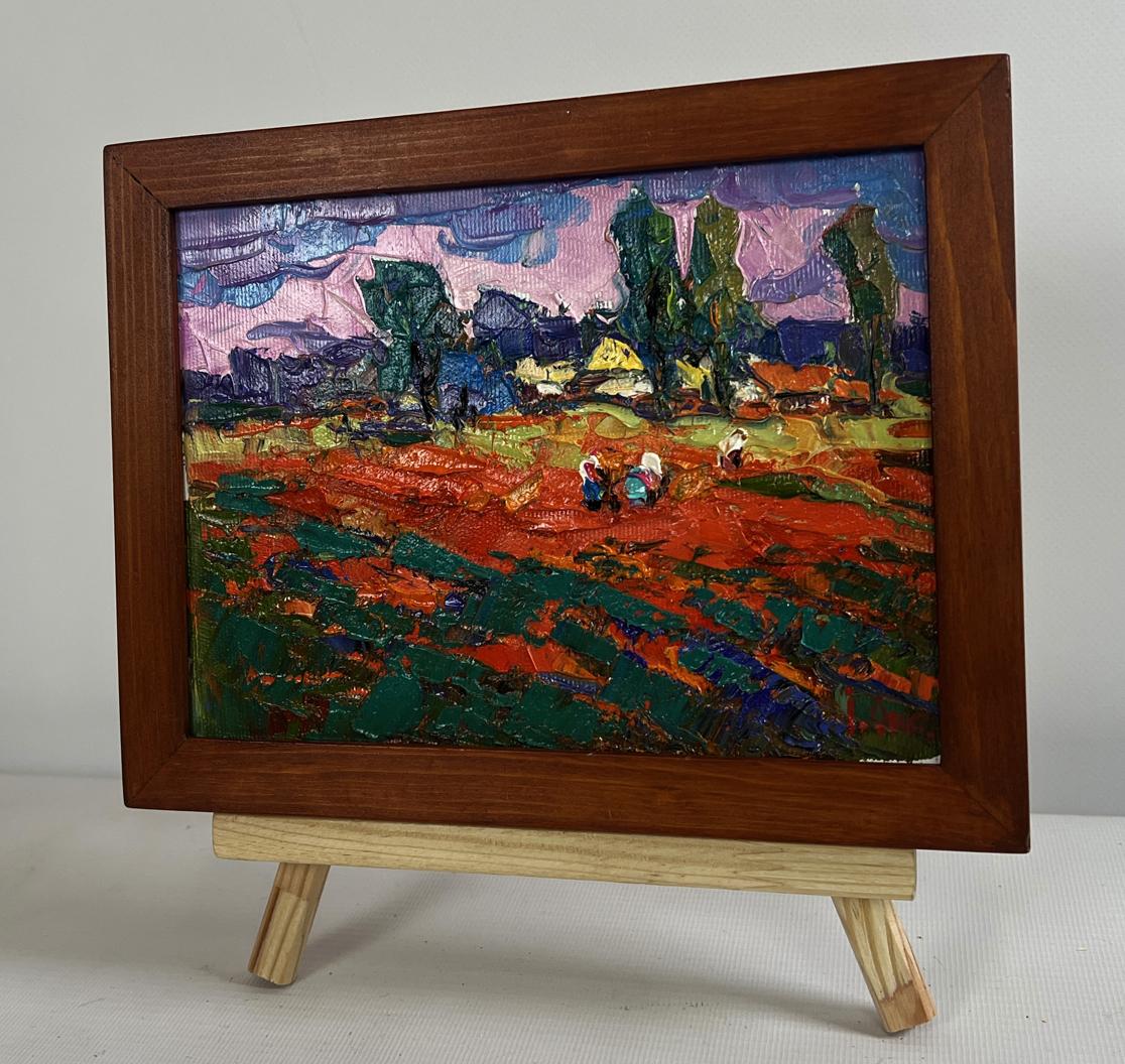 Oil painting Buckwheat stubble by Oksana Ivanyuk in brown frame
