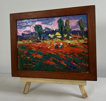 Oil painting Buckwheat stubble by Oksana Ivanyuk in brown frame