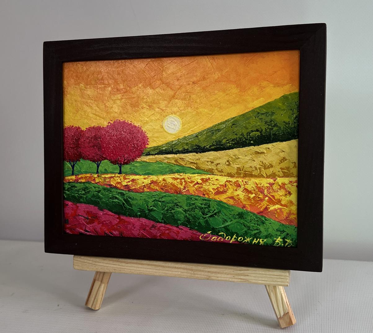 Oil painting Blooming trees in the field by V. Zadorozhnya in dark frame