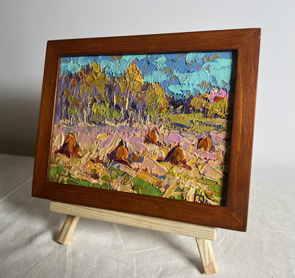 Oil painting Autumn haystacks by Oleksiy Ivanyuk in wooden frame