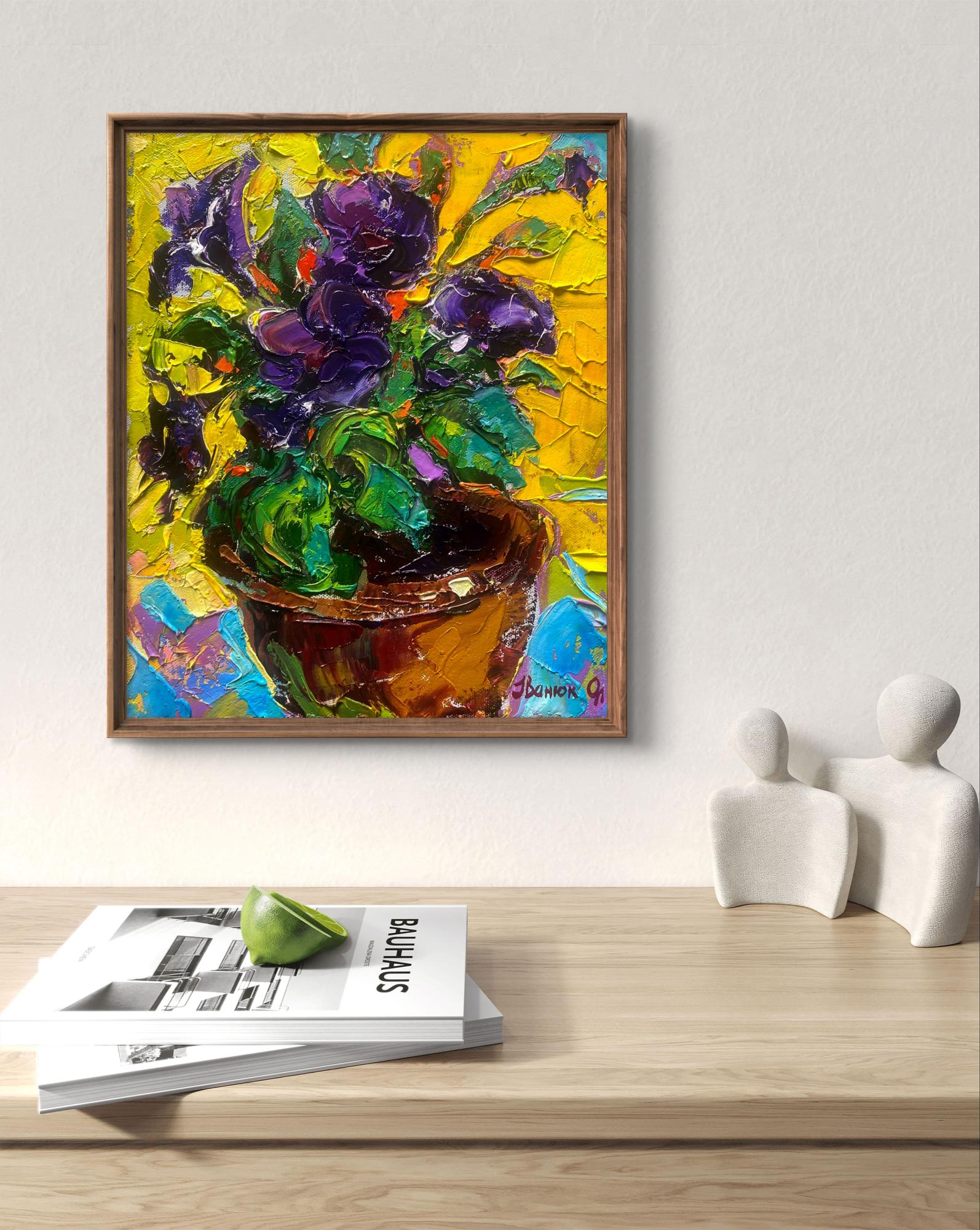 Vibrant impressionist oil painting of purple petunias in terracotta pot by Oleksiy Ivanyuk