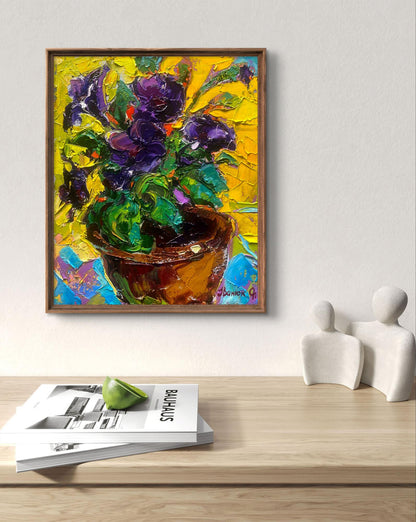 Vibrant impressionist oil painting of purple petunias in terracotta pot by Oleksiy Ivanyuk