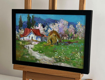 Oil painting Rural working days by Yuriy Suprunchuk, rustic house with red roof