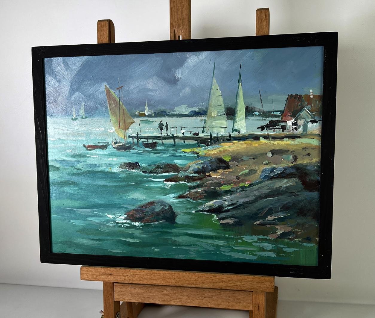 Oil painting Sea boats at the pier by Yuriy Suprunchuk, coastal scene