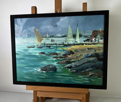 Oil painting Sea boats at the pier by Yuriy Suprunchuk, coastal scene