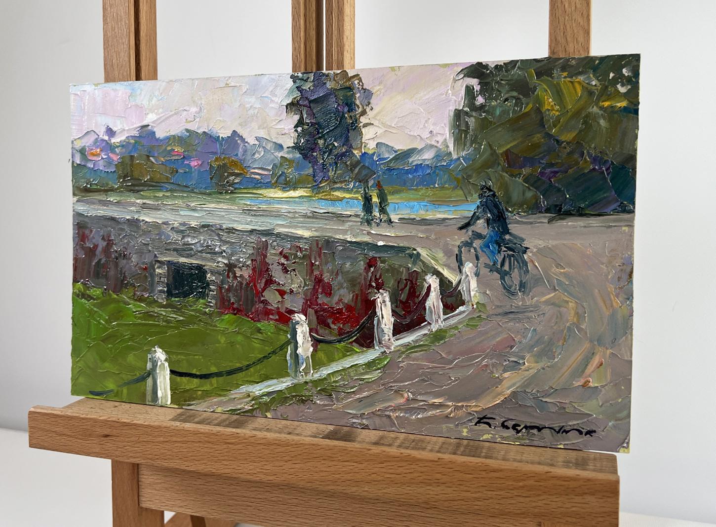 Oil painting of cyclist on mysterious evening dam by Boris Serdyuk