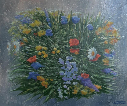 Vibrant oil painting of wildflower meadow bouquet by Vasily Korkishko