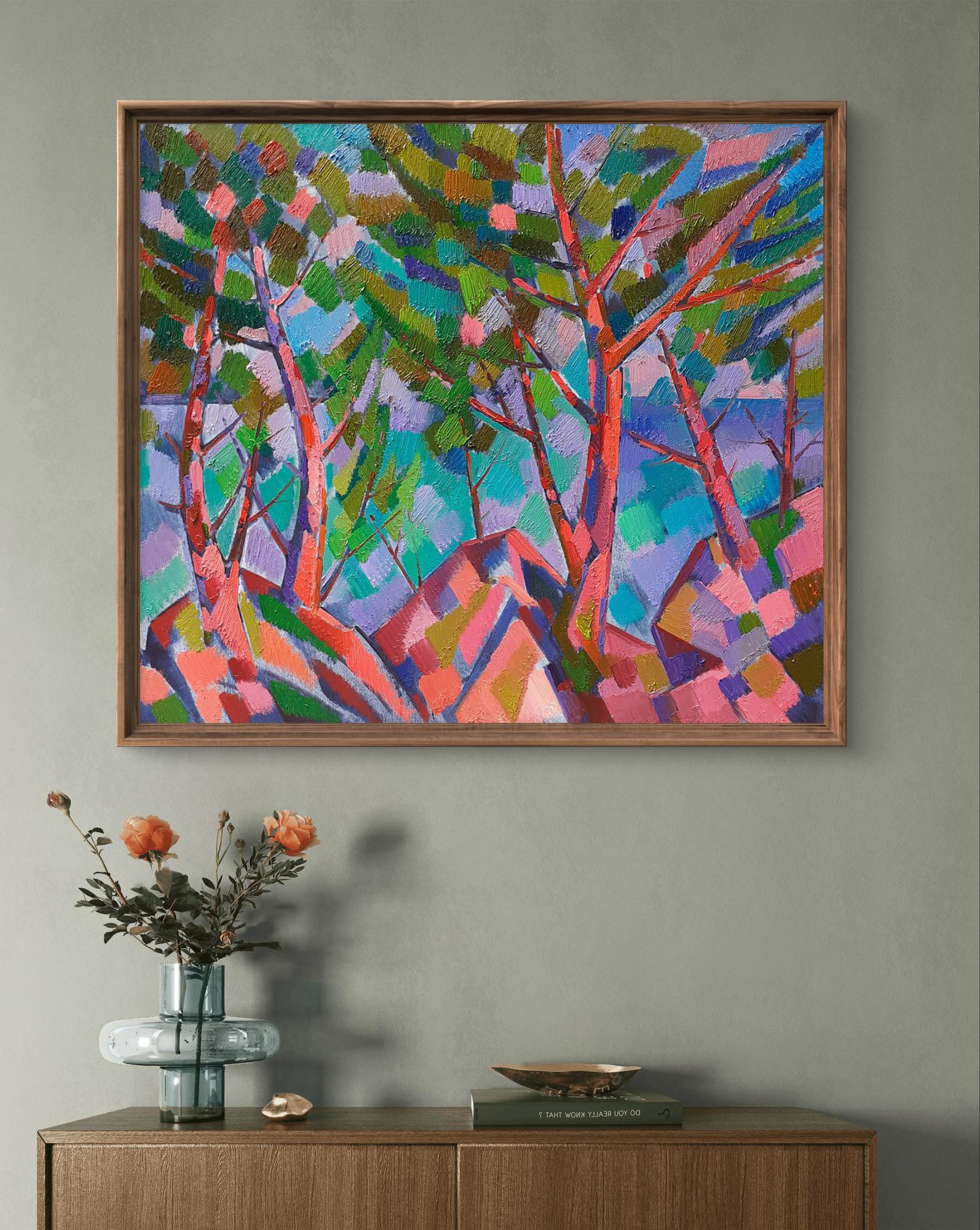 Oil painting Trees among the rocks by Peter Dobrev, vibrant red trunks