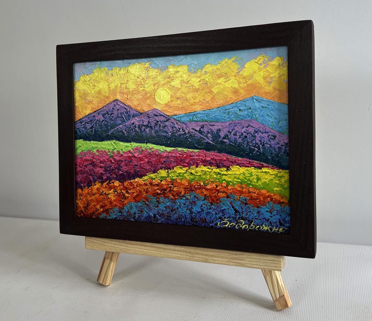 Oil painting Sunset in the mountains by V. Zadorozhnya in dark wood frame