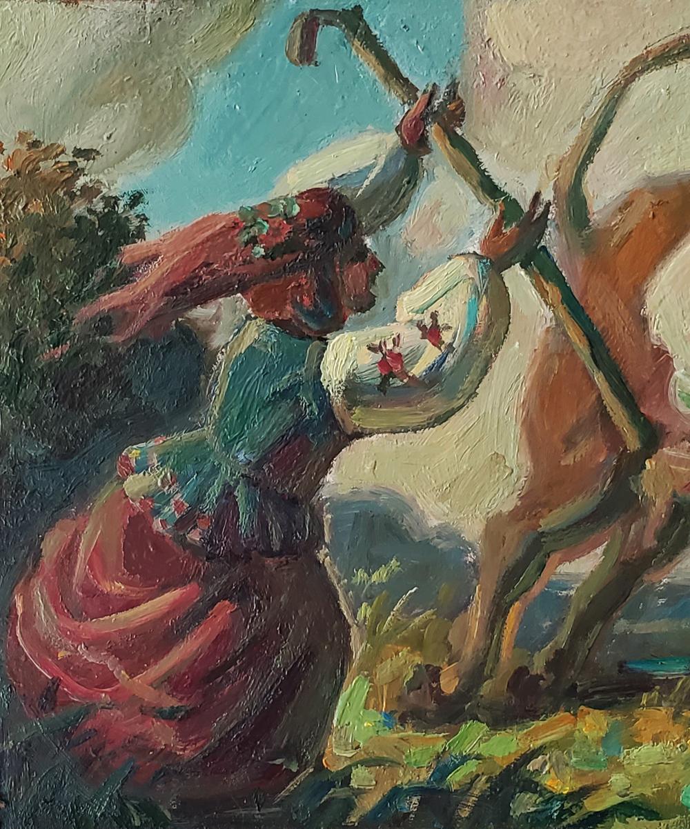 Oil painting A country summer day by Daniil Litvinov: woman with bow