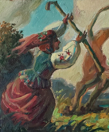 Oil painting A country summer day by Daniil Litvinov: woman with bow