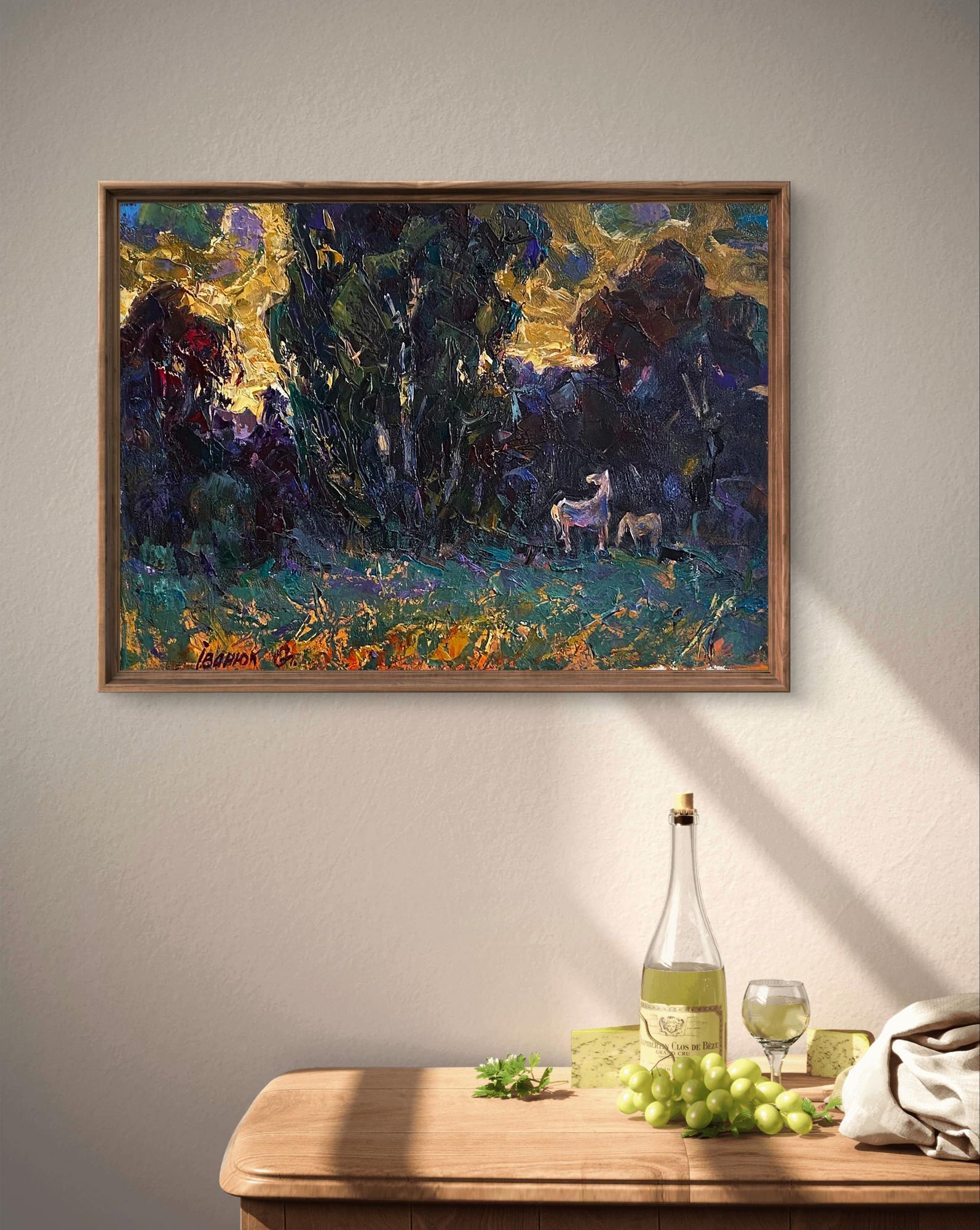Oil painting Sunset over the forest by Oleksiy Ivanyuk with horses