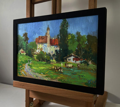 Oil painting by Yuriy Suprunchuk: castle over steppe with cows and fields