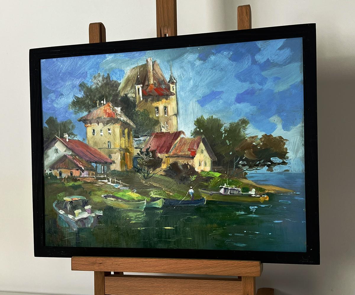 Oil painting of rustic village boat dock by Yuriy Suprunchuk