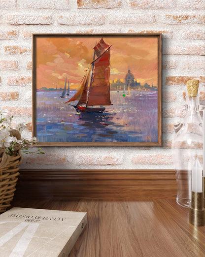 Framed oil painting of red-sailed boat at evening sunset by Yuriy Suprunchuk