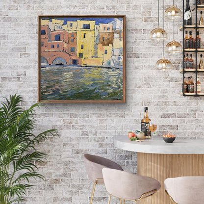 Oil painting Dark light Serhiy Kovalev: colorful coastal town in wooden frame