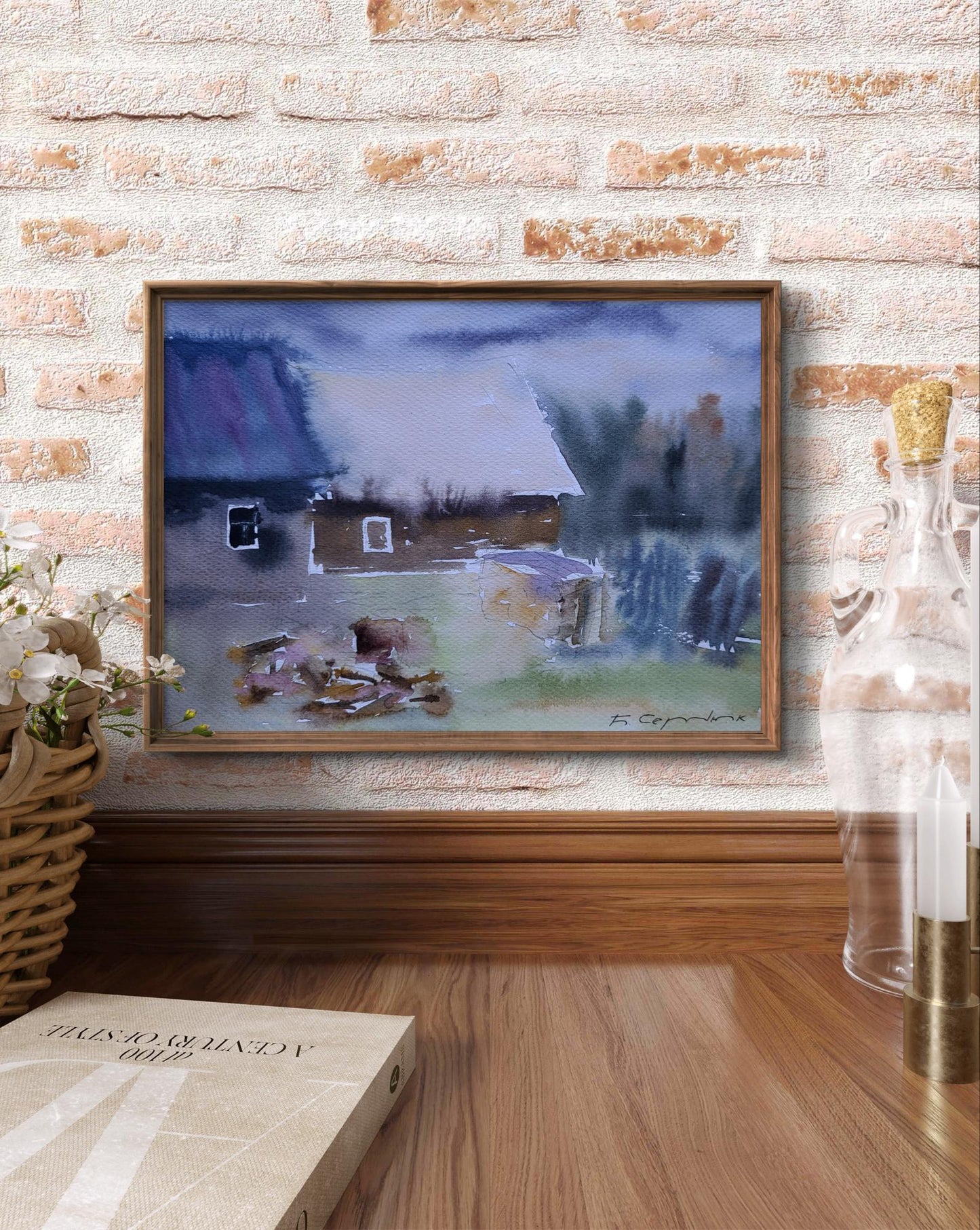 Framed watercolor painting Snow around the house by Boris Serdyuk