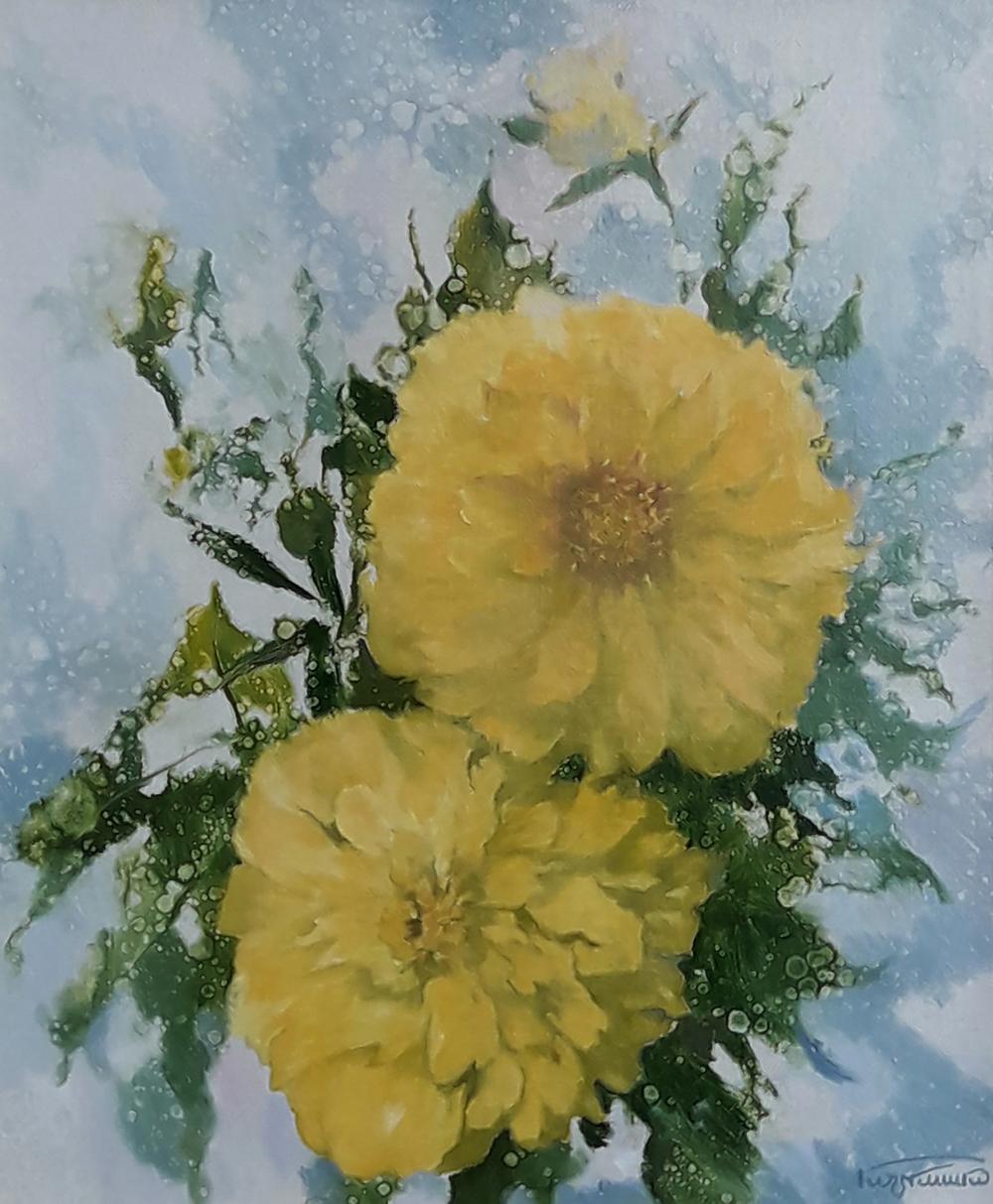 Oil painting of vibrant yellow peonies by Vasily Korkishko