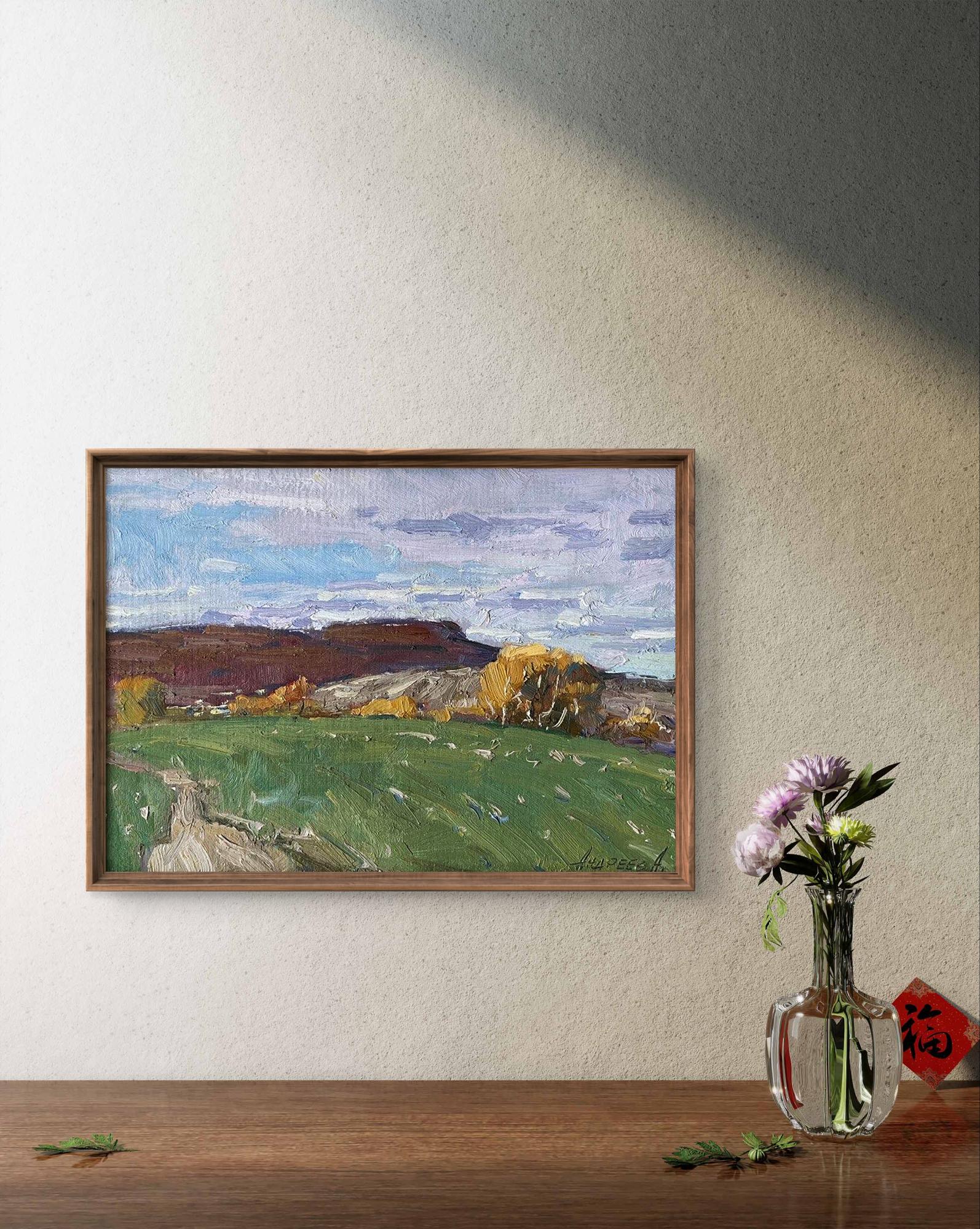 Framed oil painting In a green field by Oleksandr Andreev with visible brushstrokes