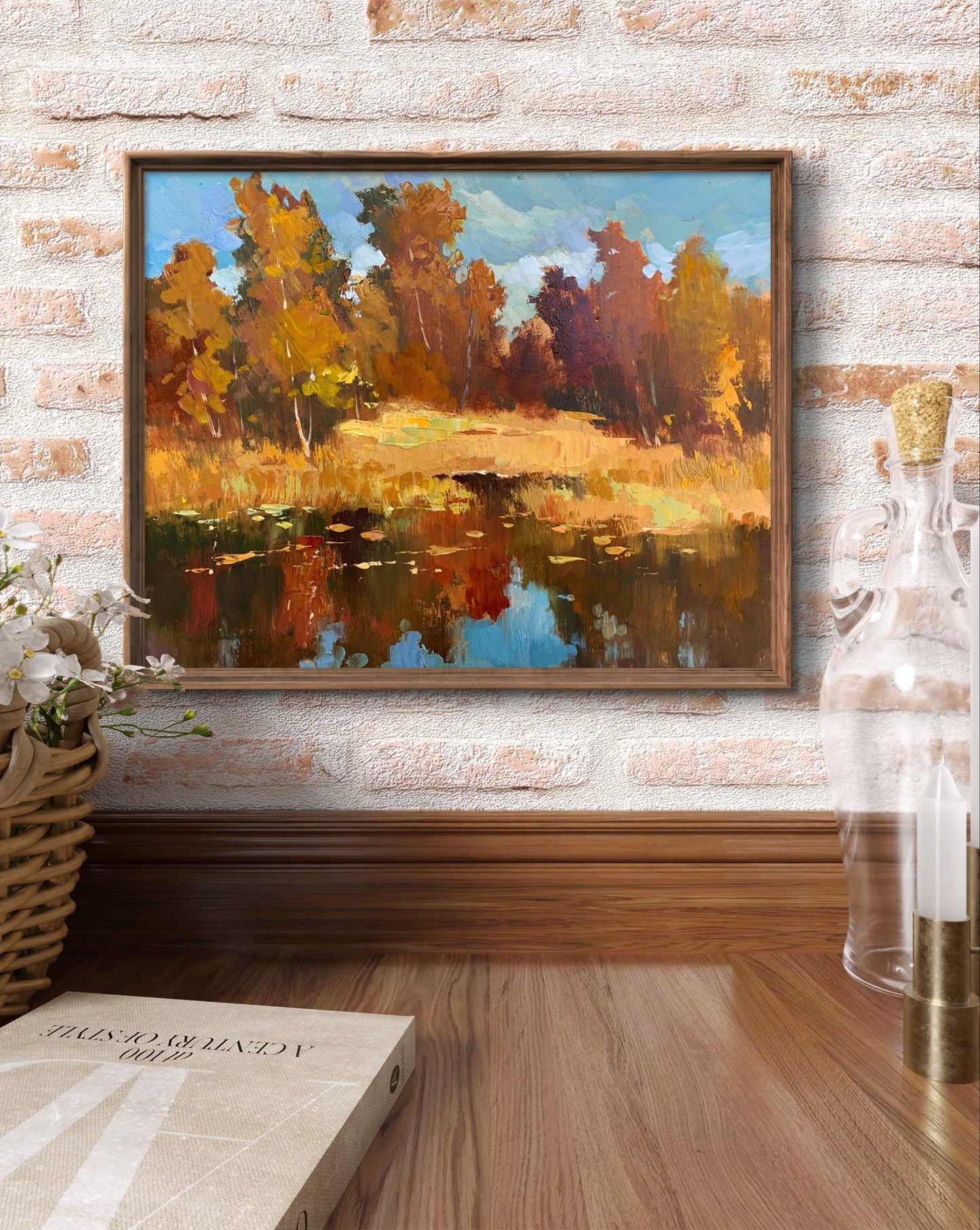 Oil painting Golden autumn and gentle river by Yuriy Suprunchuk in wooden frame
