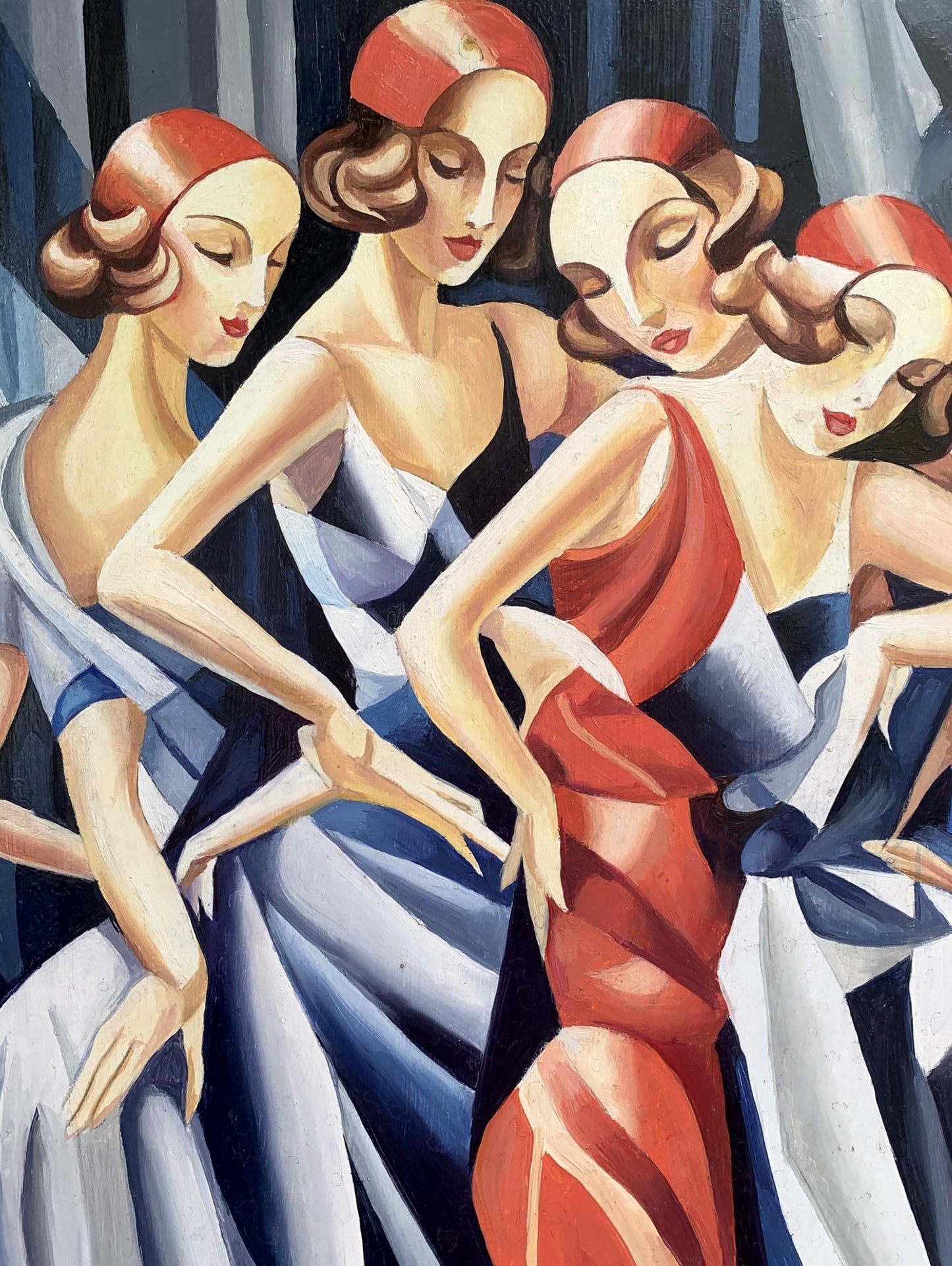 Abstract oil painting of slender girls by Victor Konotopsky, inspired by Franz Metzinger