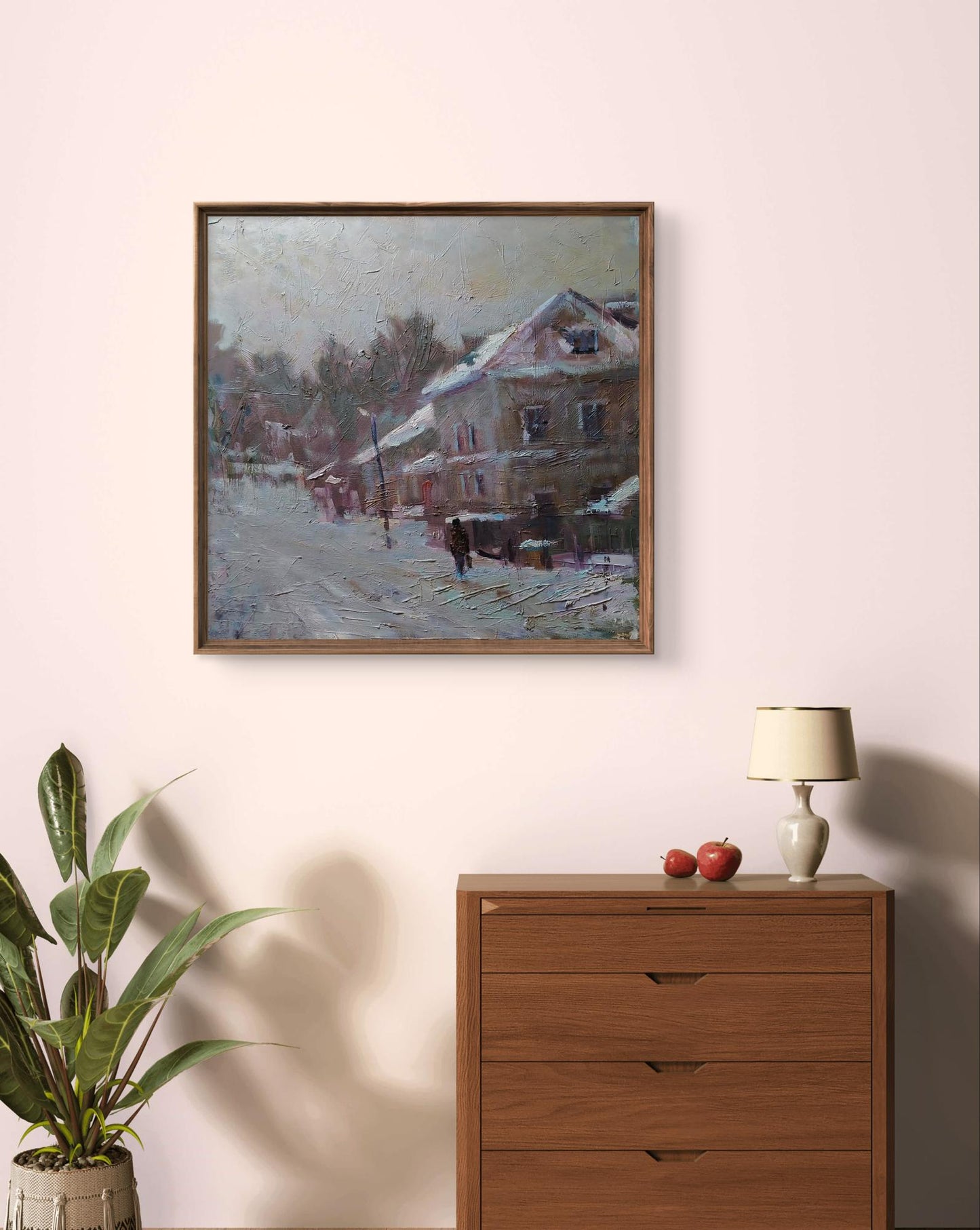Oil painting Opishnia by Volodymyr Pashchenko, snowy village in wooden frame