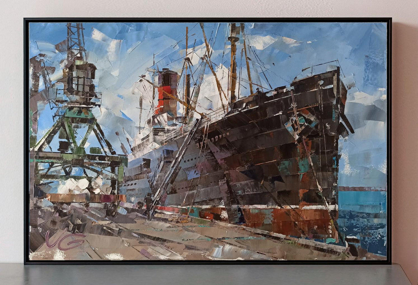 Oil painting of rusted passenger ship in port by Volodymyr Gluhomanyuk